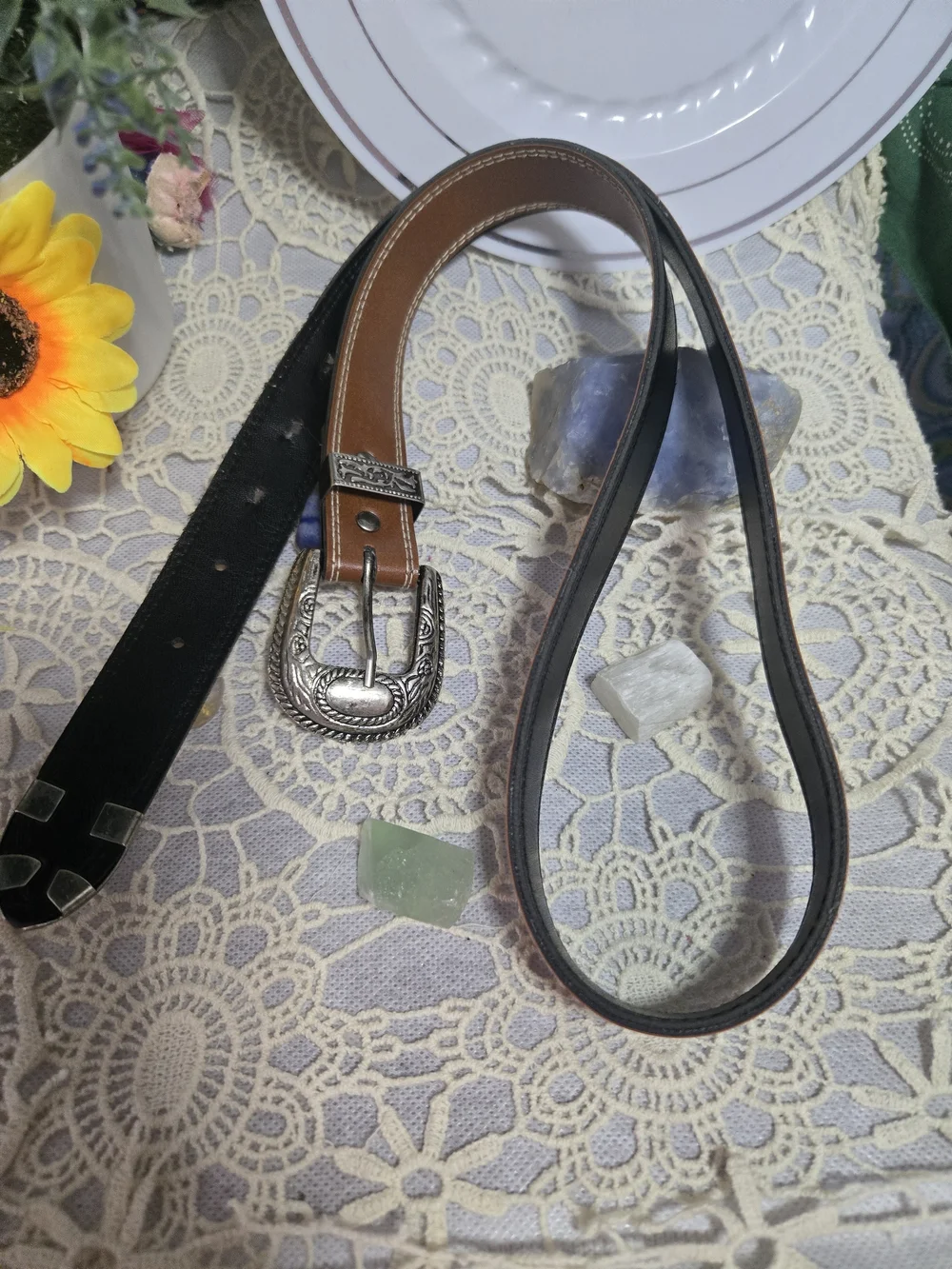 4/$15 Coastal Cowgirl Western-Style Brown Black Leather Belt, Deco Silver Buckle